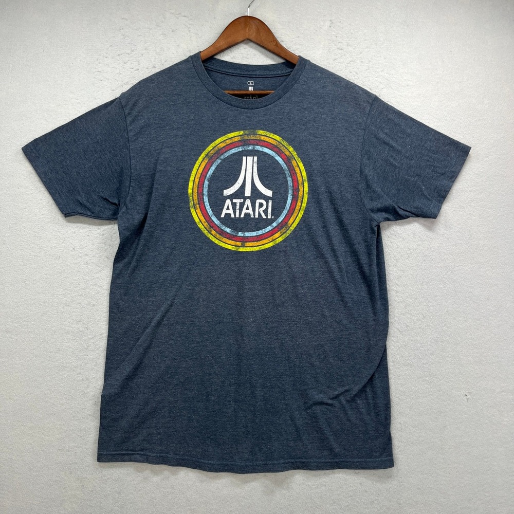 Atari T Shirt Mens Large Blue Distressed Rainbow Logo Retro Gamer Geek Nostalgic